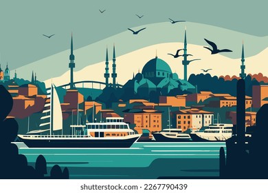 Hintergrund-Vektorgrafik von İstanbul-Stadtlandschaft mit Hagia sophia auf dem Hintergrund