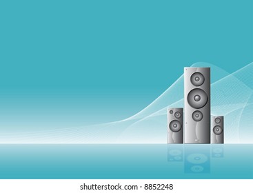 Background vector illustration with detailed speakers and wavy lined design elements. Copy space for design elements.