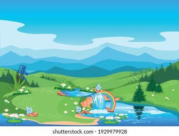 Ilustración vectorial de fondo de un paisaje de cuento de hadas con un lago, cascada, prados floridos, montañas y cristales al estilo de las caricaturas.
