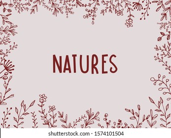 Background vector illustration with flowers, leaves and tex in purple pastel tones, natural style, cute line drawing