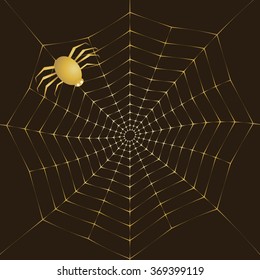 Background vector illustration of a golden spiderweb on a dark background.
