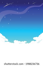 Background vector illustration of a landscape with a blue sky in fluffy clouds turning into starry space. 