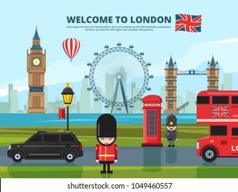 Background Vector Illustration With London Urban Landscape. England And Uk Landmarks. Urban London Tower, Landmark England Architecture