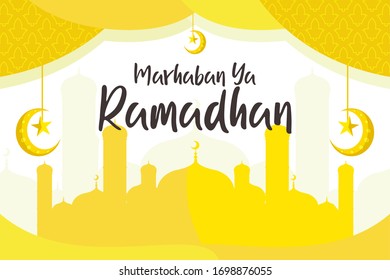 Background vector illustration of Marhaban ya ramadhan with yellow and white color. Mosque and lantern ornaments design. 