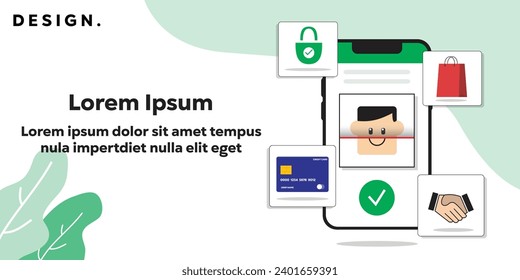 Hintergrund Vektorgrafik von Online-Shopping mit Gesichtsprüfung, die sicher zu tun ist. Smartphone, Einkaufstasche, Kreditkarte, Gesichtsprüfung, Schloss, Hand. Web, Banner und mehr