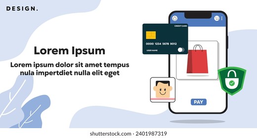 Antecedentes Ilustración vectorial de las compras en línea con pago seguro. Smartphone, bolso de compra, tarjeta de crédito, verificación de cara y escudo. Web, banners y más