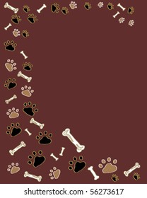 background vector illustration of paw prints and bones on brown with lots of copy space