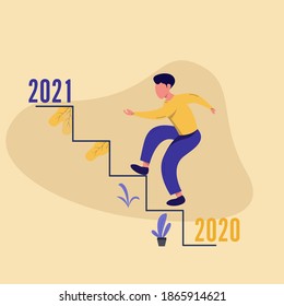 Background vector illustration,. people are currently on the stairs leading up to 2021. flat design style.