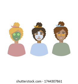 Background vector illustration, personal hygiene. Girls with masks on their faces. Girls demonstrate a green face mask, a fabric face mask and patches. Hand-drawn illustrations set of girls taking