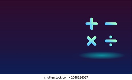 Fondo con símbolos matemáticos vectoriales división de substracción de multiplicación y más, más menos dividir multiplicar en estilo neón, lugar para texto