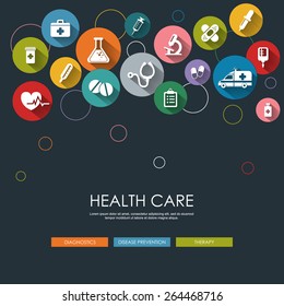 Background with vector Medical Icons in flat style with long shadows. Health care background. Medical white icons on colored basis.