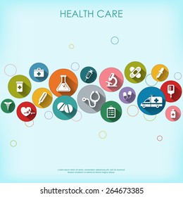 Background with vector Medical Icons in flat style with long shadows. Health care background. Medical white icons on colored basis.