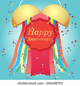 Background vector of Open congratulation ball  show the Happy Anniversary sign and ribbon colorful paper drop everywhere