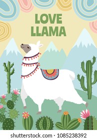 Background vector picture of llama, mountains and cactus. Cartoon illustrations for poster design template