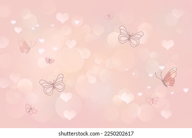 Vector de fondo con mariposas de color rosa, burbujas de bokeh y corazones para el Día de San Valentín. Oro rosa, rosa y blanco.