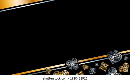 Background with vector playing card suit symbols made by floral elements. Vintage luxury illustration in silver and golden colors on black backdrop. For print, web template,
gambling design element