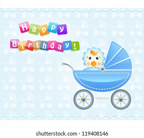 Background with vector pram. Baby shower. Easy to edit. Perfect for invitations or announcements.