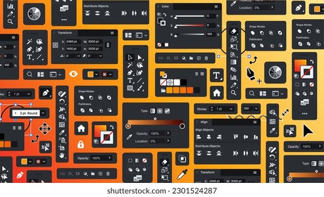 Background of vector processing tools. Tool Blocks. Graphic editor. Designer UX UI bg. Set of icon panels and tools for designers. Set of design theme items. Buttons and icons. Toolbar