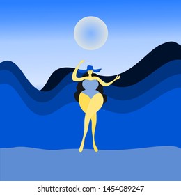 Background vector The sea and beautiful long haired girls in a blue swimsuit