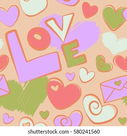 Background vector seamless pattern with falling hearts and love letter in pink and orange colors. Seamless abstract background. Valentines day art.