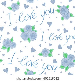 Background vector seamless pattern with falling hearts, flowers and love letter in blue colors. Seamless abstract background on a white. Valentines day art.