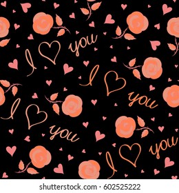 Background vector seamless pattern with falling hearts, flowers and love letter in neutral, pink and orange colors. Seamless abstract background on a black. Valentines day art.