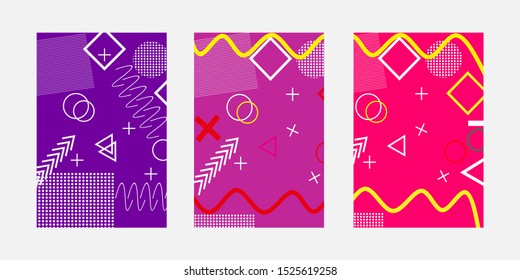 Background vector. A set of memphis style covers. Bright and cool cover collection. Abstract form of composition.