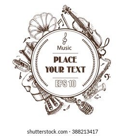 Background vector sketch musical instruments.
The phonograph, saxophone, microphone, guitar, violin