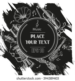 Background vector sketch musical instruments.
The phonograph, saxophone, microphone, guitar, violin.