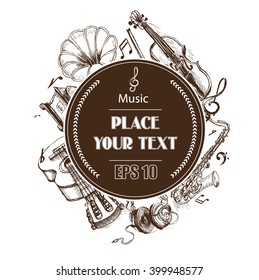 Background vector sketch musical instruments.
The phonograph, saxophone, microphone, guitar, violin