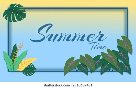 Background  vector summer time with tropical leaves 