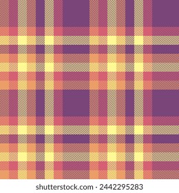 Background vector textile of seamless pattern plaid with a check texture tartan fabric in magenta and orange colors.