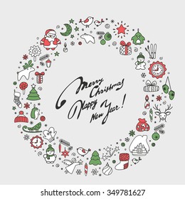 Background vector wreath with New Year, Christmas, winter icons.