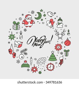 Background vector wreath with New Year, Christmas, winter icons.