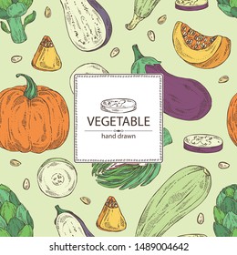 Background with vegetables: artichoke, pumpkin, zucchini and eggplant. Vector hand drawn illustration.