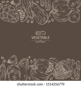 Background with vegetables: artichoke, pumpkin, zucchini and eggplant. Vector hand drawn illustration.