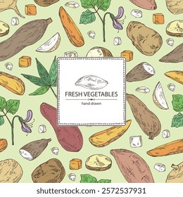 Background with vegetables: batat, cassava root, sweet potato, jicama and potatoes. Vector hand drawn illustration.