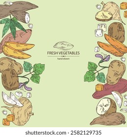 Background with vegetables: batat, cassava root, sweet potato, jicama and potatoes. Vector hand drawn illustration.