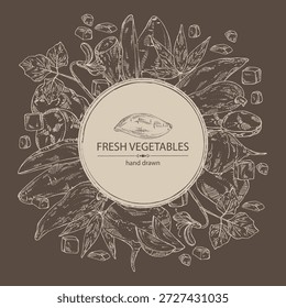 Fundo com legumes: morcego, raiz de mandioca, batata-doce, jicama e batatas. Ilustração desenhada à mão vetorial.