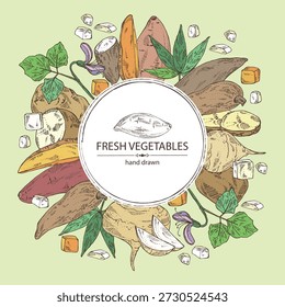 Fondo con verduras: batat, raíz de yuca, batata, jícama y papas. Vector dibujado a mano ilustración.