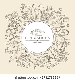 Fondo con verduras: batat, raíz de yuca, batata, jícama y papas. Vector dibujado a mano ilustración.
