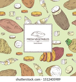 Background with vegetables: batat, taro root, yams, chinese artichoke. Vector hand drawn illustration.