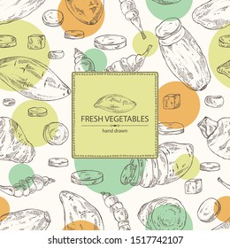 Background with vegetables: batat, taro root, yams, chinese artichoke. Vector hand drawn illustration.