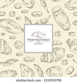 Background with vegetables: batat, taro root, yams, chinese artichoke. Vector hand drawn illustration.