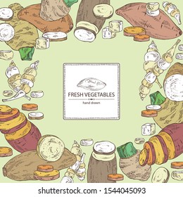 Background with vegetables: batat, taro root, yams, chinese artichoke. Vector hand drawn illustration.