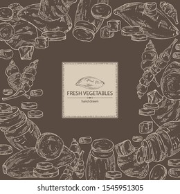 Background with vegetables: batat, taro root, yams, chinese artichoke. Vector hand drawn illustration.