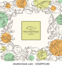 Background with vegetables: batat, taro root, yams, chinese artichoke. Vector hand drawn illustration.
