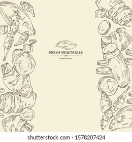 Background with vegetables: batat, taro root, yams, chinese artichoke. Vector hand drawn illustration.