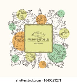 Background with vegetables: batat, taro root, yams, chinese artichoke. Vector hand drawn illustration.