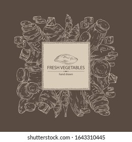 Background with vegetables: batat, taro root, yams, chinese artichoke. Vector hand drawn illustration.